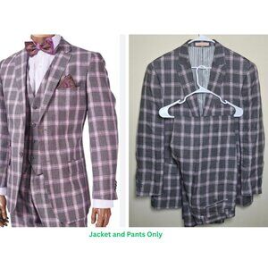 INSERCH 100% Linen Mens Suit Set 42R/36R Sport Coat Blazer Pant Plaid Pink Gray